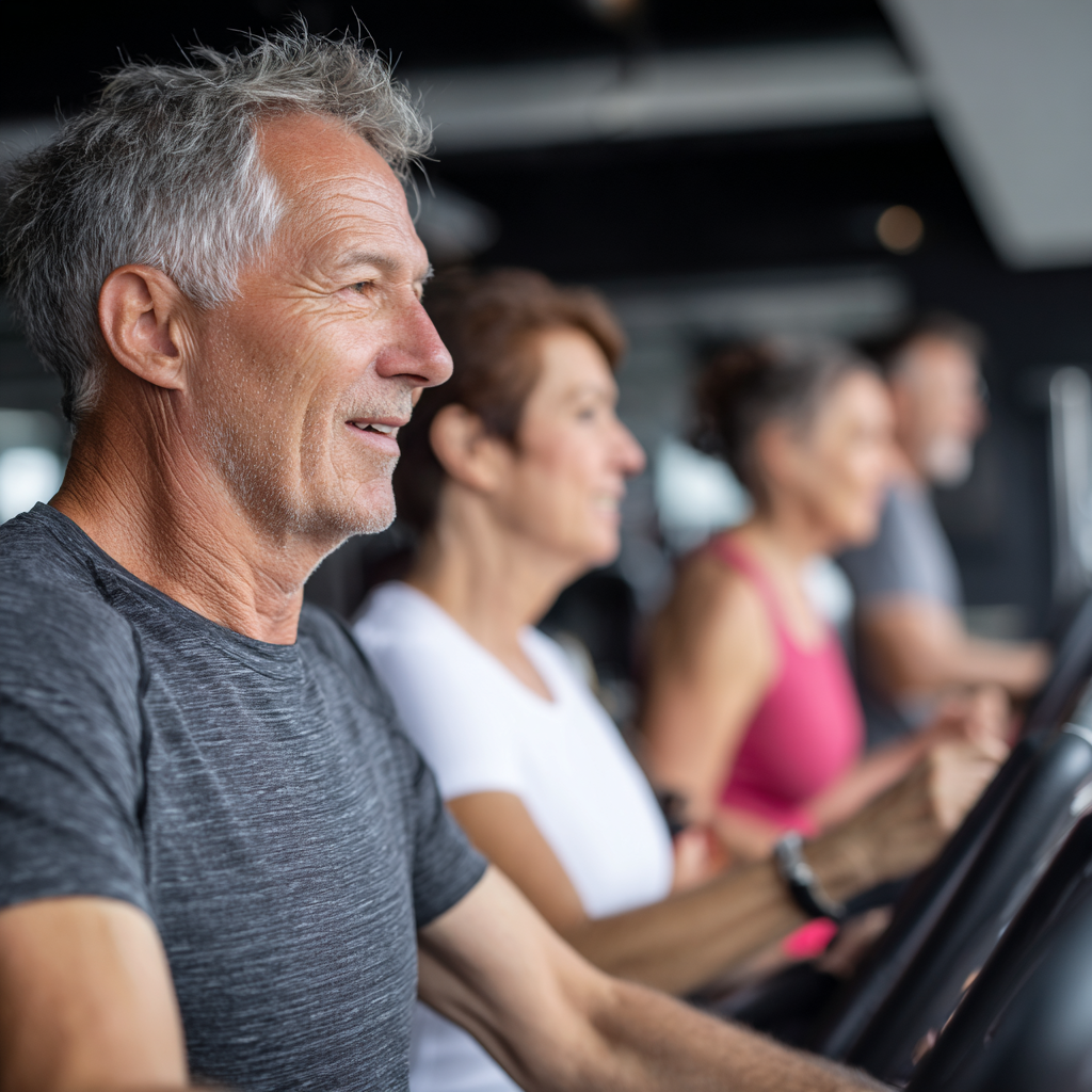 Mature adults at cardio training in professional gym