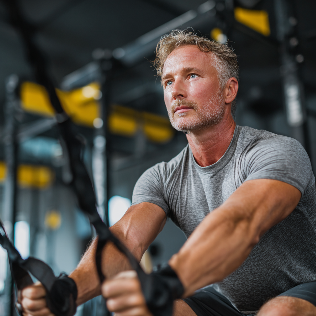 Middle-aged person doing functional training workout in modern gym environment